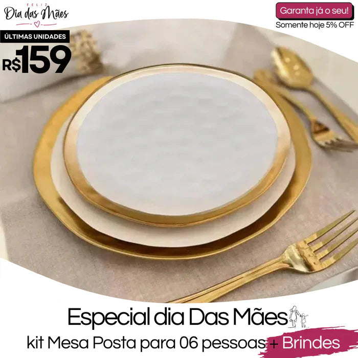Aparelho de Jantar Porcelana Branco/Dourado Dubai - Serve 06 pessoas / EXCLUSIVO